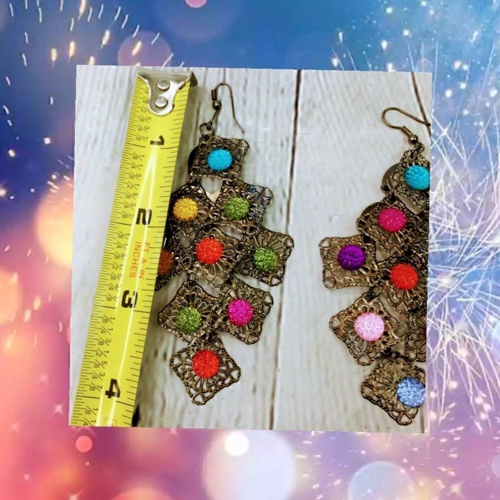 Gorgeous Antique Gold Tone Dangling Earrings Multicolor - Picture 3 of 8